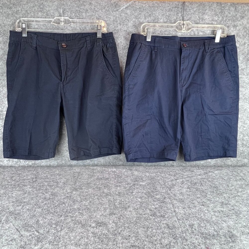 Set Of 2 Mens Dark Navy & Black Cotton Casual Shorts Size 34 Elastic Waistband - Picture 6 of 7